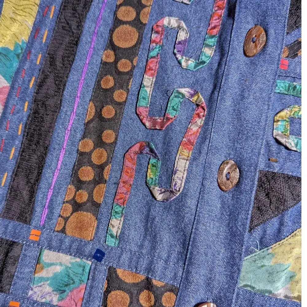 Vtg Y2K Yak Magik Blue Cotton Denim Patchwork Button Up Oversized Jacket Sz S